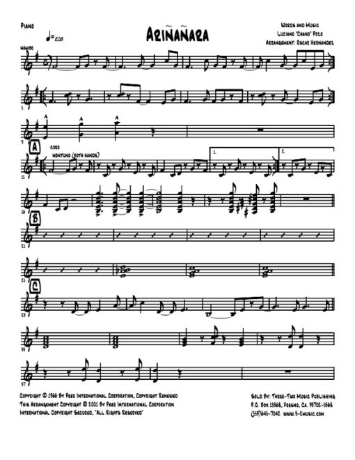 Ariñañara piano (Download) salsa printed sheet music www.3-2music.com composer and arranger Chano Pozo combo (salsa) instrumentation