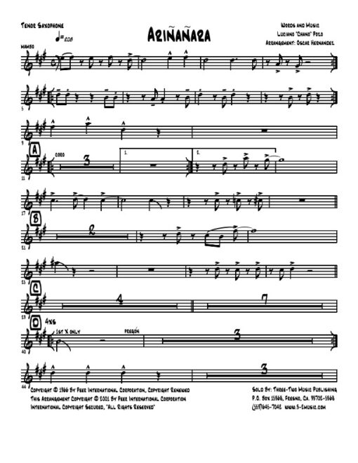 Ariñañara tenor (Download) salsa printed sheet music www.3-2music.com composer and arranger Chano Pozo combo (salsa) instrumentation