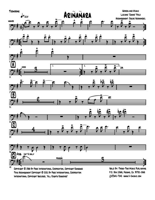 Ariñañara trombone (Download) salsa printed sheet music www.3-2music.com composer and arranger Chano Pozo combo (salsa) instrumentation