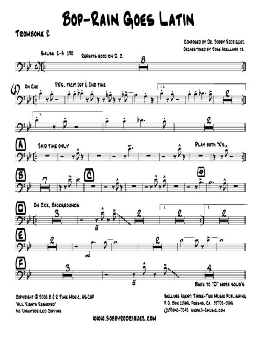 Bop-Rain Goes Latin trombone 2 (Download) Latin jazz printed sheet music www.3-2music.com composer and arranger Bobby Rodriguez big band 4-4-5
