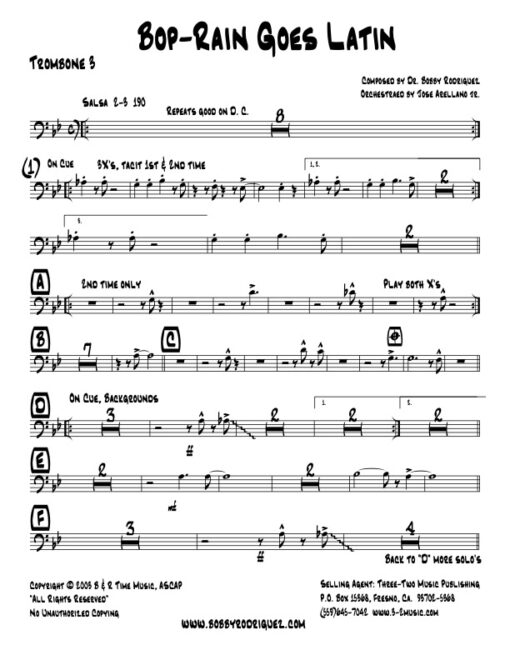 Bop-Rain Goes Latin trombone 3 (Download) Latin jazz printed sheet music www.3-2music.com composer and arranger Bobby Rodriguez big band 4-4-5