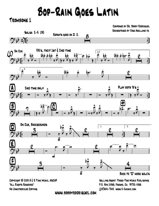 Bop-Rain Goes Latin trombone 1 (Download) Latin jazz printed sheet music www.3-2music.com composer and arranger Bobby Rodriguez big band 4-4-5