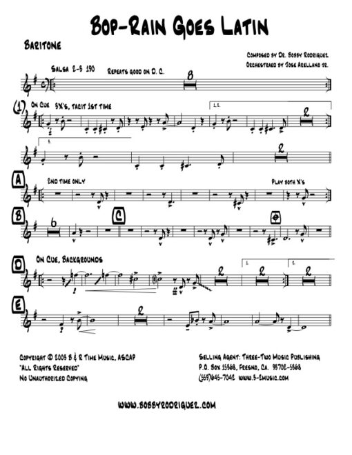 Bop-Rain Goes Latin baritone (Download) Latin jazz printed sheet music www.3-2music.com composer and arranger Bobby Rodriguez big band 4-4-5