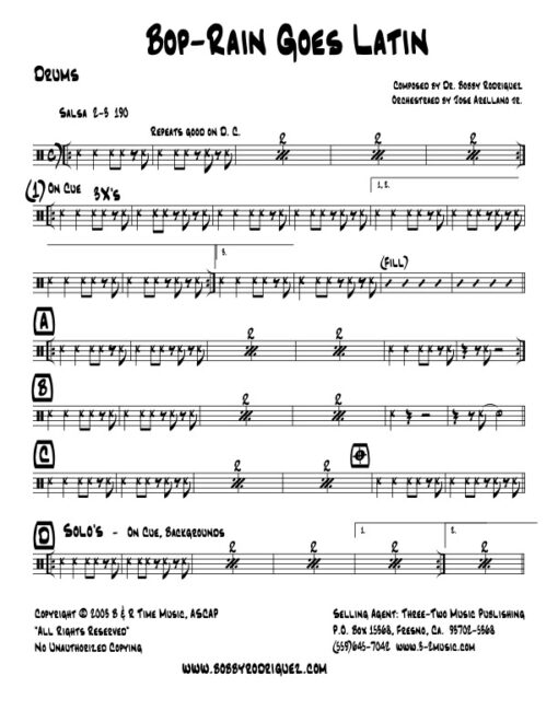 Bop-Rain Goes Latin drums (Download) Latin jazz printed sheet music www.3-2music.com composer and arranger Bobby Rodriguez big band 4-4-5
