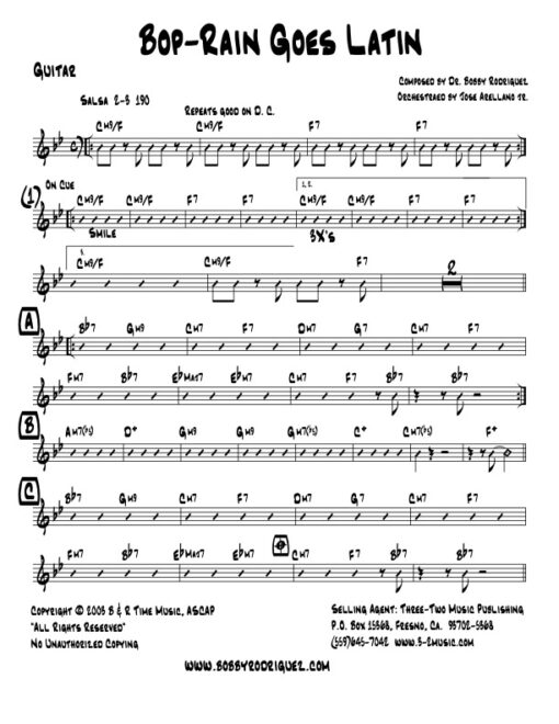 Bop-Rain Goes Latin guitar (Download) Latin jazz printed sheet music www.3-2music.com composer and arranger Bobby Rodriguez big band 4-4-5
