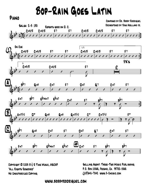 Bop-Rain Goes Latin piano (Download) Latin jazz printed sheet music www.3-2music.com composer and arranger Bobby Rodriguez big band 4-4-5