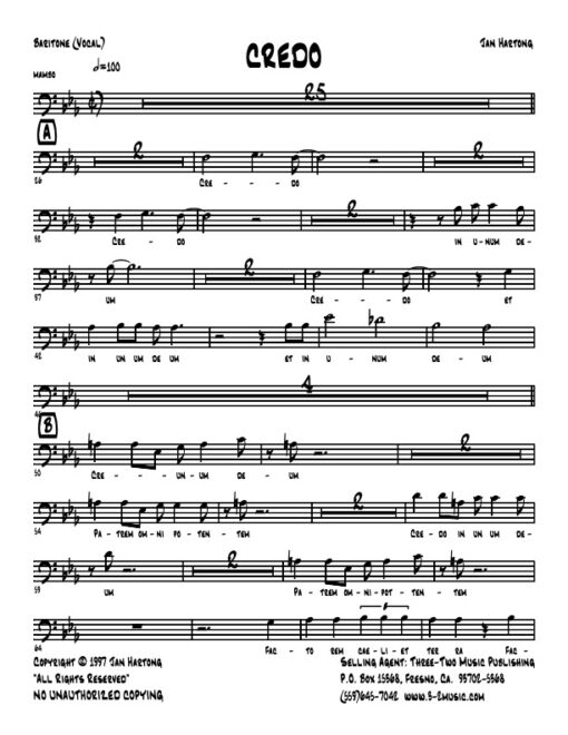 Credo baritone (Download) Latin jazz printed sheet music www.3-2music.com composer and arranger Jan Hartong little big band (2-1-3) instrumentation