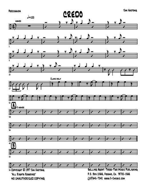 Credo percussion (Download) Latin jazz printed sheet music www.3-2music.com composer and arranger Jan Hartong little big band (2-1-3) instrumentation