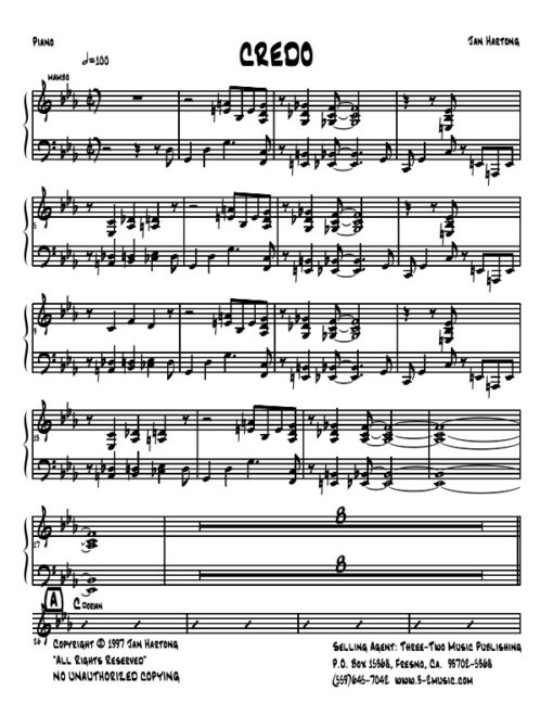 Credo piano (Download) Latin jazz printed sheet music www.3-2music.com composer and arranger Jan Hartong little big band (2-1-3) instrumentation