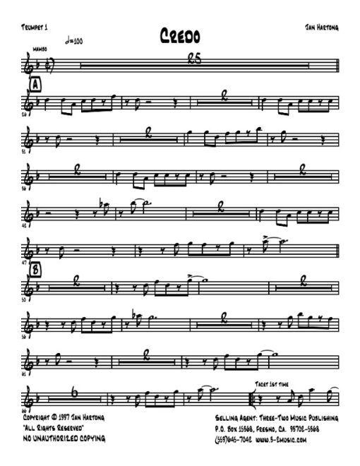 Credo trumpet 1 (Download) Latin jazz printed sheet music www.3-2music.com composer and arranger Jan Hartong little big band (2-1-3) instrumentation