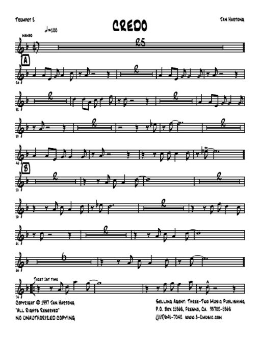 Credo trumpet 2 (Download) Latin jazz printed sheet music www.3-2music.com composer and arranger Jan Hartong little big band (2-1-3) instrumentation