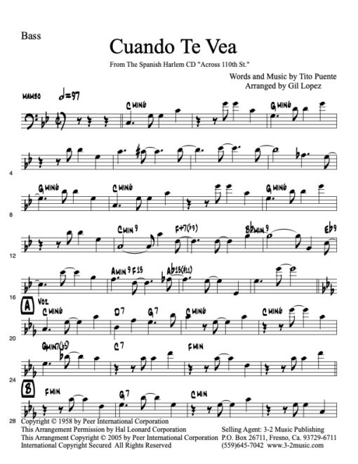Cuando Te Vea bass www.3-2music.com Latin jazz printed sheet music composer Tito Puente Spanish Harlem Orchestra 2 trumpets 2 trombones bari sax