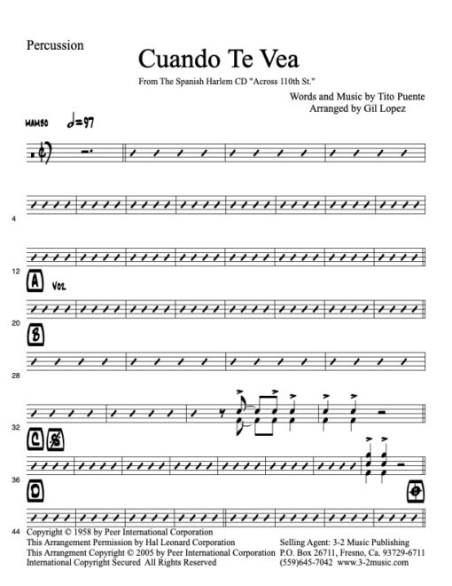 Cuando Te Vea percussion www.3-2music.com Latin jazz printed sheet music composer Tito Puente Spanish Harlem Orchestra 2 trumpets 2 trombones bari sax