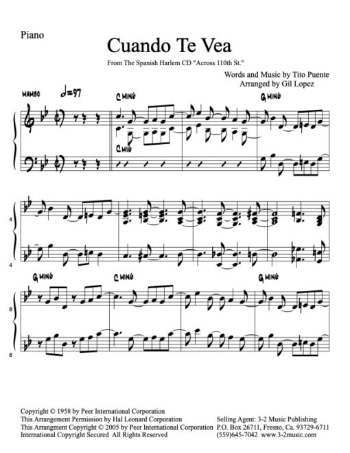 Cuando Te Vea piano www.3-2music.com Latin jazz printed sheet music composer Tito Puente Spanish Harlem Orchestra 2 trumpets 2 trombones bari sax