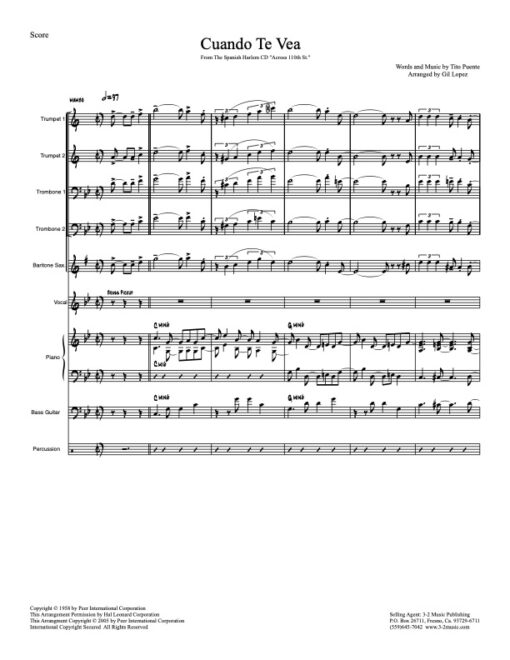 Cuando Te Vea score www.3-2music.com Latin jazz printed sheet music composer Tito Puente Spanish Harlem Orchestra 2 trumpets 2 trombones bari sax