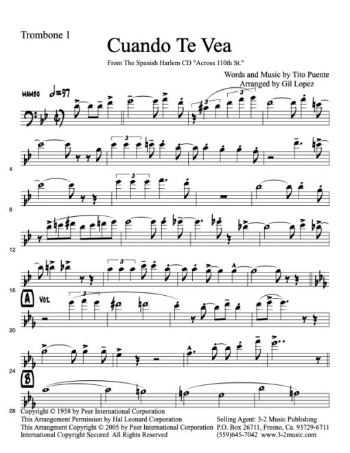 Cuando Te Vea trombone 1 www.3-2music.com Latin jazz printed sheet music composer Tito Puente Spanish Harlem Orchestra 2 trumpets 2 trombones bari sax
