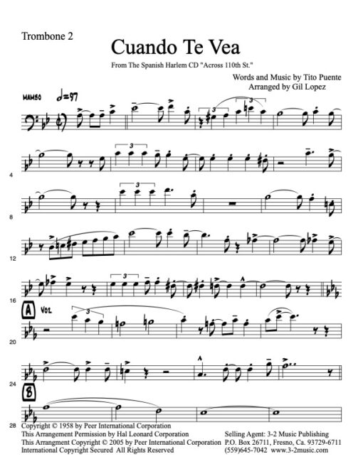 Cuando Te Vea trombone 2 www.3-2music.com Latin jazz printed sheet music composer Tito Puente Spanish Harlem Orchestra 2 trumpets 2 trombones bari sax