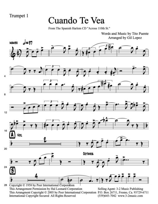 Cuando Te Vea trumpet 1 www.3-2music.com Latin jazz printed sheet music composer Tito Puente Spanish Harlem Orchestra 2 trumpets 2 trombones bari sax rhythm