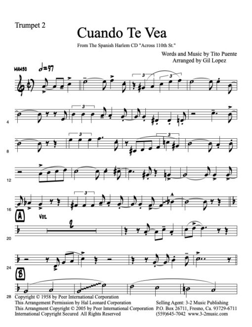 Cuando Te Vea trumpet 2 www.3-2music.com Latin jazz printed sheet music composer Tito Puente Spanish Harlem Orchestra 2 trumpets 2 trombones bari sax rhythm