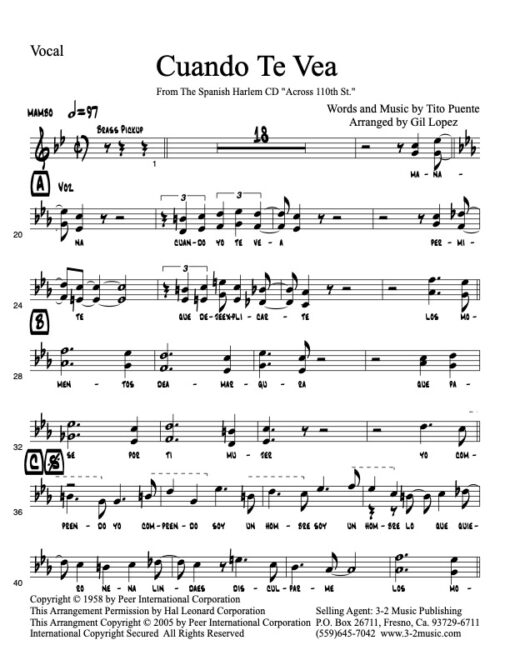 Cuando Te Vea vocal www.3-2music.com Latin jazz printed sheet music composer Tito Puente Spanish Harlem Orchestra 2 trumpets 2 trombones bari sax