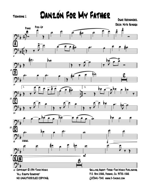 Danzón For My Father V.2 trombone 1 (Download) Latin jazz printed sheet music composer and arranger Oscar Hernárndez big band 4-4-5 instrumentation