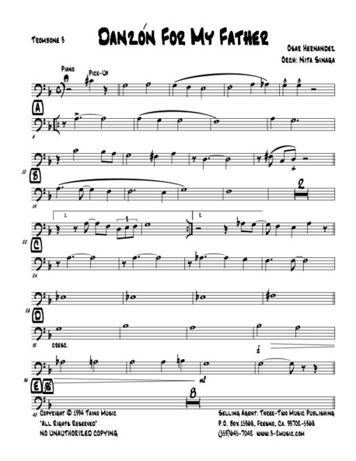 Danzón For My Father V.2 trombone 3 (Download) Latin jazz printed sheet music composer and arranger Oscar Hernárndez big band 4-4-5 instrumentation