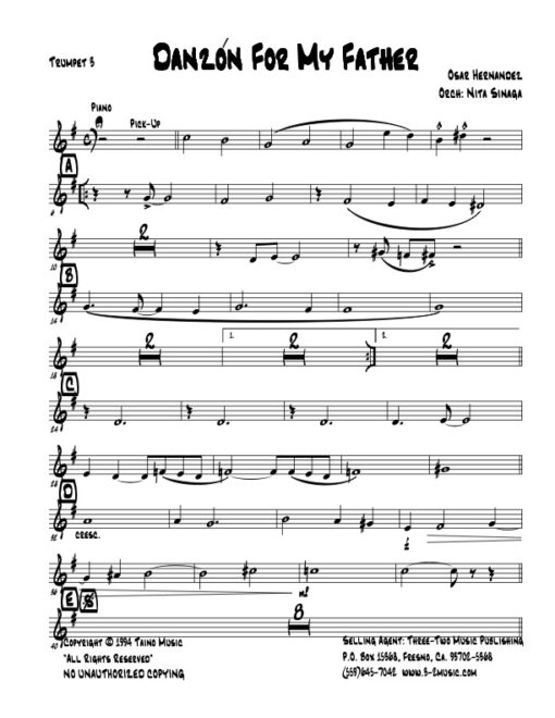 Danzón For My Father V.2 trumpet 3 (Download) Latin jazz printed sheet music composer and arranger Oscar Hernárndez big band 4-4-5 instrumentation