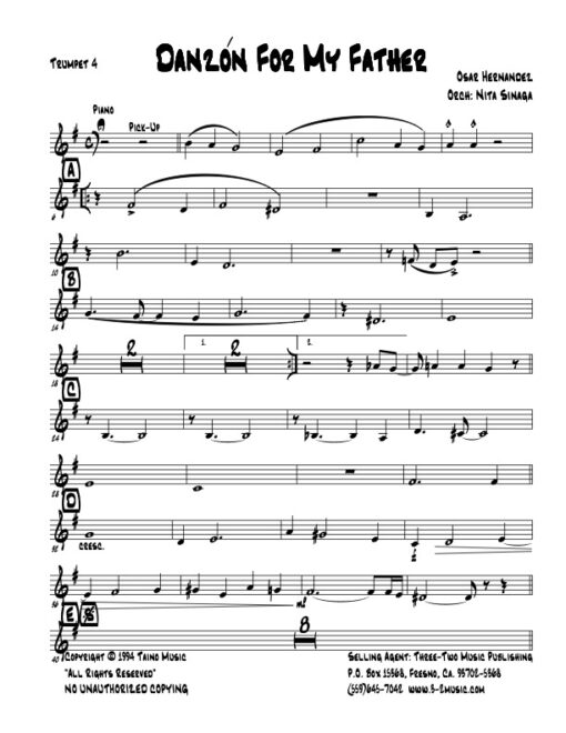 Danzón For My Father V.2 trumpet 4 (Download) Latin jazz printed sheet music composer and arranger Oscar Hernárndez big band 4-4-5 instrumentation