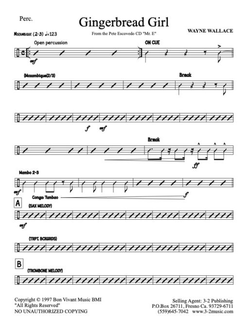 Gingerbread Girl V.1 percussion (Download) Latin jazz printed sheet music www.3-2music.com composer Wayne Wallace little big band instrumentation