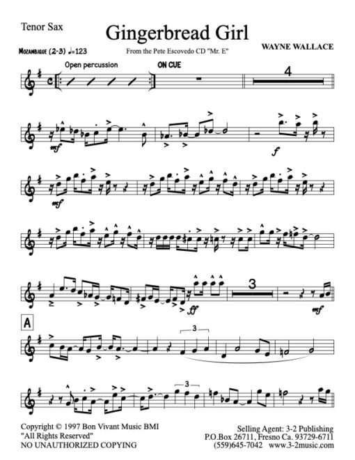Gingerbread Girl V.1 tenor (Download) Latin jazz printed sheet music www.3-2music.com composer Wayne Wallace little big band instrumentation