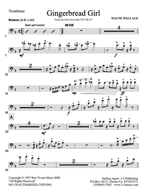 Gingerbread Girl V.1 trombone (Download) Latin jazz printed sheet music www.3-2music.com composer Wayne Wallace little big band instrumentation