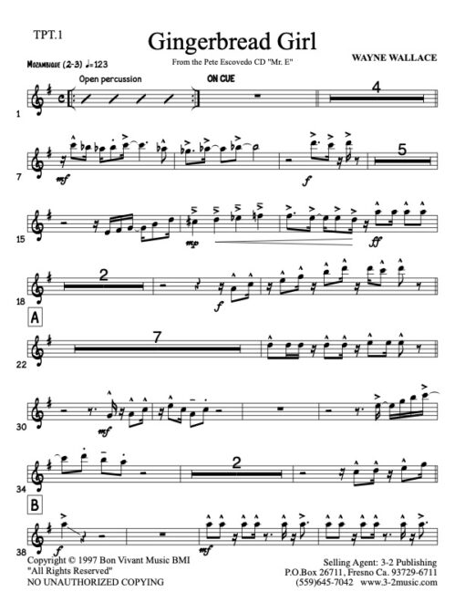 Gingerbread Girl V.1 trumpet 1 (Download) Latin jazz printed sheet music www.3-2music.com composer Wayne Wallace little big band instrumentation