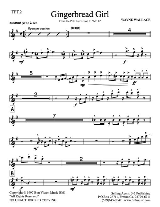 Gingerbread Girl V.1 trumpet 2 (Download) Latin jazz printed sheet music www.3-2music.com composer Wayne Wallace little big band instrumentation