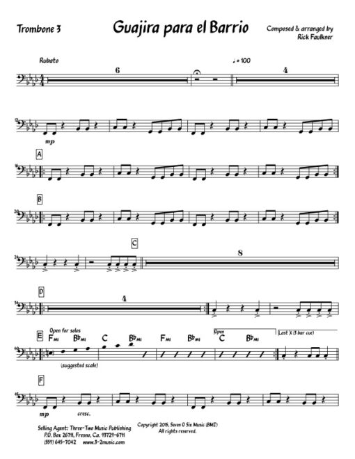 Guajira Para El Barrio V.2 trombone 3 (Download) Latin jazz printed sheet music www.3-2music.com composer and arranger Rick Faulkner big band 4-4-5