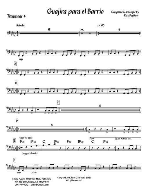 Guajira Para El Barrio V.2 trombone 4 (Download) Latin jazz printed sheet music www.3-2music.com composer and arranger Rick Faulkner big band 4-4-5