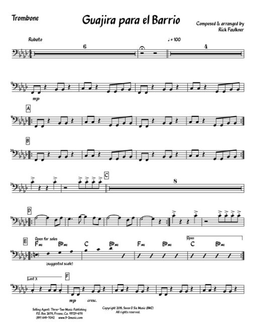 Guajira Para El Barrio V.1 trombone (Download) Latin jazz printed sheet music www.3-2music.com composer and arranger Rick Faulkner little big band