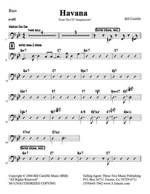 Havana V.1 bass (Download) Latin jazz printed sheet music www.3-2music.com composer and arranger Bill Cunliffe combo (octet) instrumentation