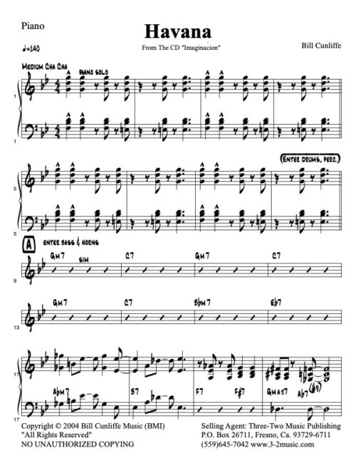 Havana V.1 piano (Download) Latin jazz printed sheet music www.3-2music.com composer and arranger Bill Cunliffe combo (octet) instrumentation