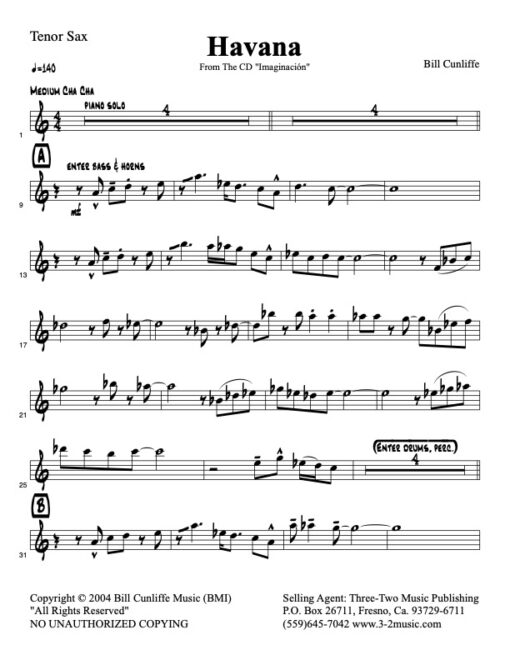 Havana V.1 tenor (Download) Latin jazz printed sheet music www.3-2music.com composer and arranger Bill Cunliffe combo (octet) instrumentation