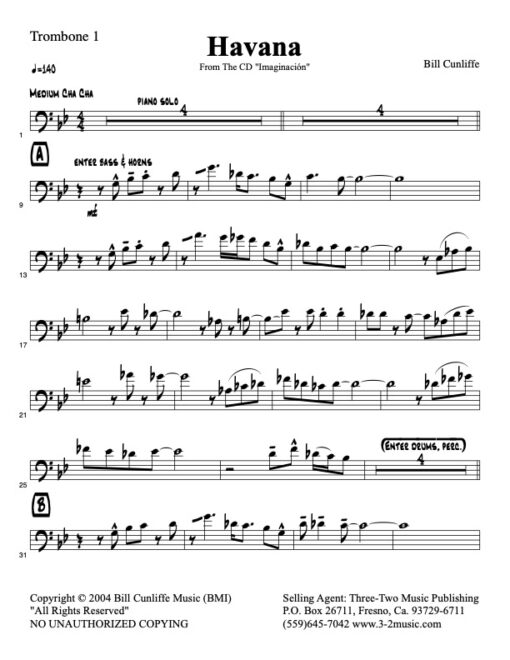 Havana V.1 trombone 1 (Download) Latin jazz printed sheet music www.3-2music.com composer and arranger Bill Cunliffe combo (octet) instrumentation