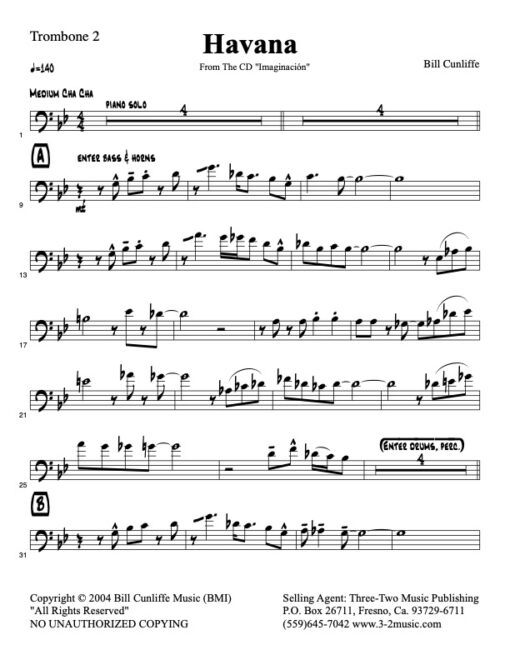 Havana V.1 trombone 2 (Download) Latin jazz printed sheet music www.3-2music.com composer and arranger Bill Cunliffe combo (octet) instrumentation