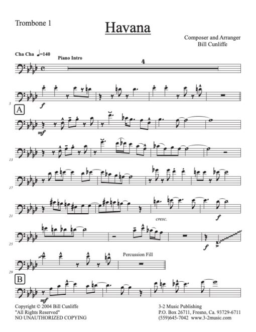 Havana V.2 trombone 2 (Download) Latin jazz printed sheet music www.3-2music.com composer and arranger Bill Cunliffe big band 4-4-5 instrumentation  