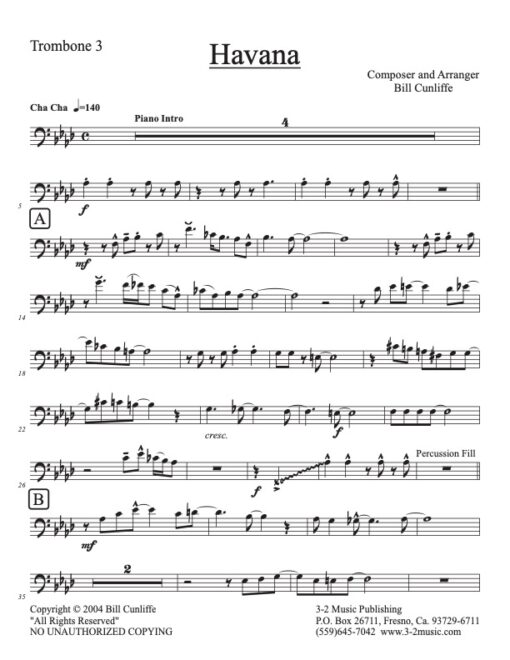 Havana V.2 trombone 3 (Download) Latin jazz printed sheet music www.3-2music.com composer and arranger Bill Cunliffe big band 4-4-5 instrumentation  