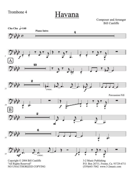 Havana V.2 trombone 4 (Download) Latin jazz printed sheet music www.3-2music.com composer and arranger Bill Cunliffe big band 4-4-5 instrumentation  