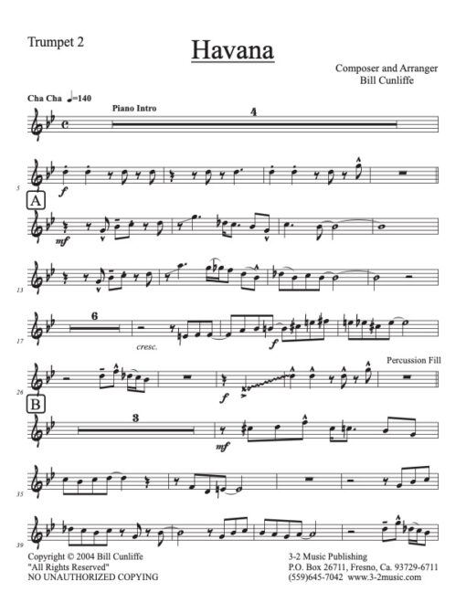Havana V.2 trumpet 2 (Download) Latin jazz printed sheet music www.3-2music.com composer and arranger Bill Cunliffe big band 4-4-5 instrumentation  