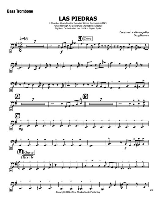 Las Piedras bass trombone (Download) Latin jazz printed sheet music www.3-2music.com composer and arranger Doug Beavers big band 4-4-5 instrumentation