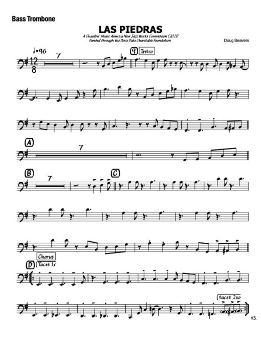 Las Piedras V.2 bass trombone (Download) Latin jazz printed sheet music www.3-2music.com composer and arranger Doug Beavers big band 4-4-5 instrumentation