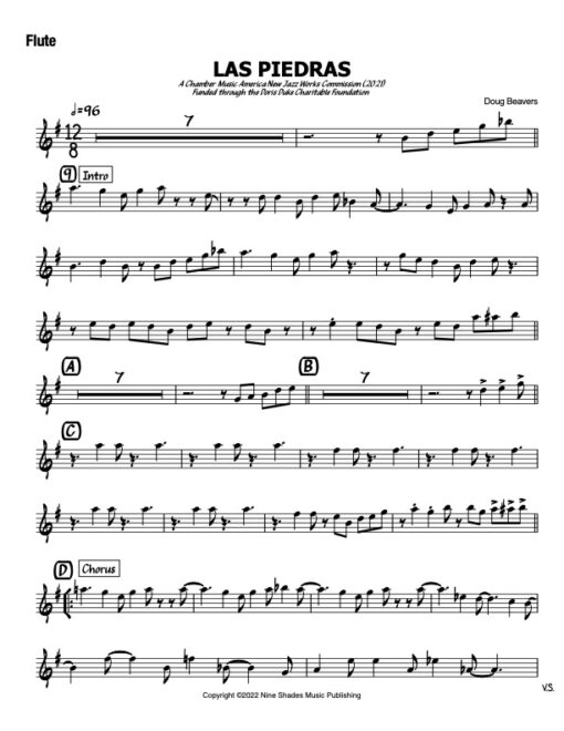 Las Piedras V.2 flute (Download) Latin jazz printed sheet music www.3-2music.com composer and arranger Doug Beavers big band 4-4-5 instrumentation