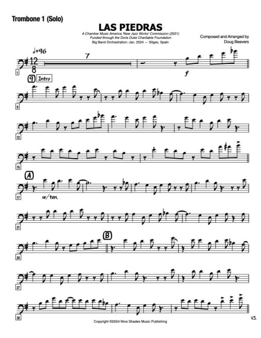 Las Piedras trombone 1 solo (Download) Latin jazz printed sheet music www.3-2music.com composer and arranger Doug Beavers big band 4-4-5 instrumentation