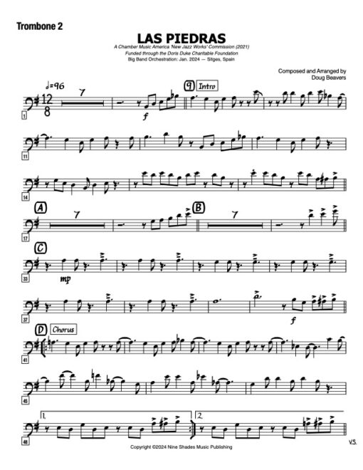 Las Piedras trombone 2 (Download) Latin jazz printed sheet music www.3-2music.com composer and arranger Doug Beavers big band 4-4-5 instrumentation